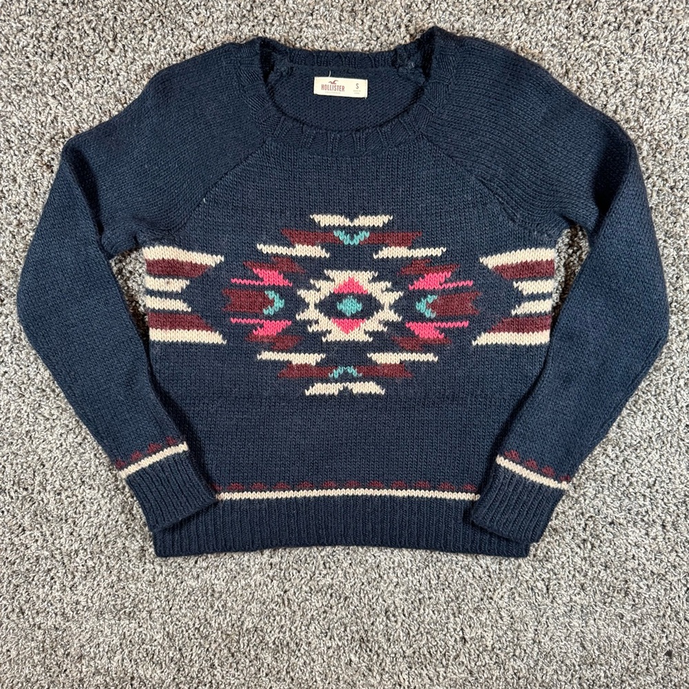 Hollister Sweater Womens Small Navy Blue Southwestern Wool Blend Pullover